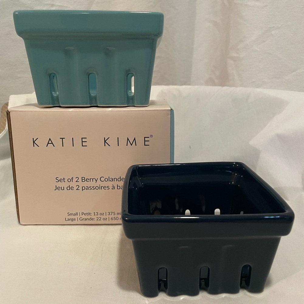 Katie K Ceramic Berry Colanders in Teal & Navy